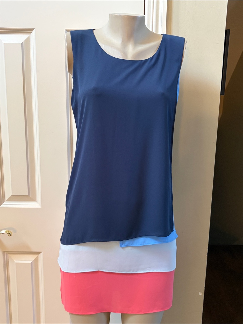 BCBGMaxAzria Navy, White & Coral Layered Sleeveless Dress, 4